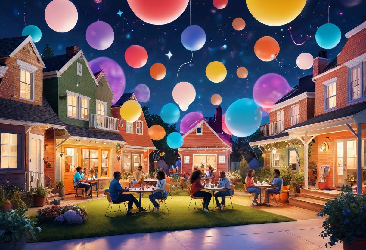 A vibrant digital landscape filled with diverse characters collaborating and sharing ideas, surrounded by whimsical elements like floating light bulbs and colorful chat bubbles. The scene captures the essence of community building, showcasing creativity and inclusivity in content creation. Incorporate a lively color palette to evoke a sense of joy and connection. super-realistic. vibrant colors. 3D.
