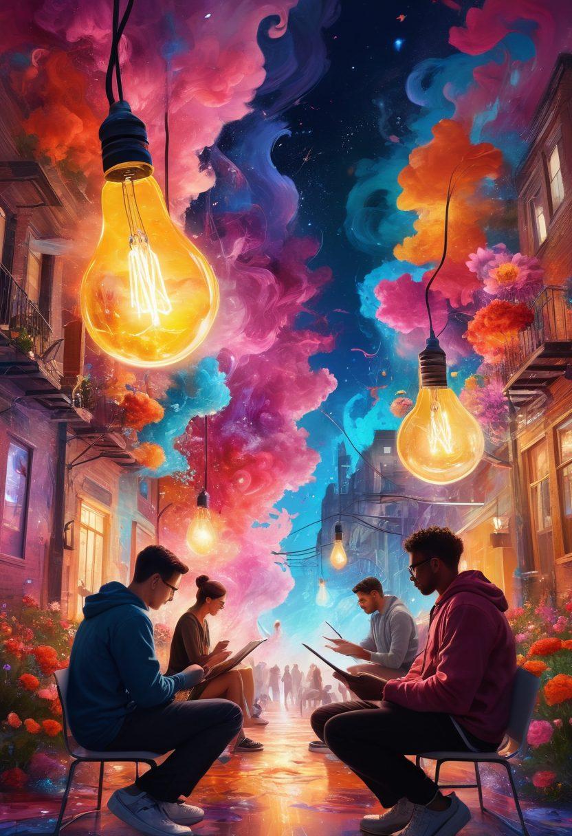 An abstract representation of a diverse group of individuals passionately expressing their creativity through various mediums like writing, painting, and digital art. They are surrounded by swirling colors and symbols of inspiration, such as light bulbs, flowers, and swirling thoughts, encapsulating the essence of the blogosphere as a vibrant landscape of personal expression. The background features elements of a digital cityscape to signify the online realm. super-realistic. vibrant colors. dynamic composition.