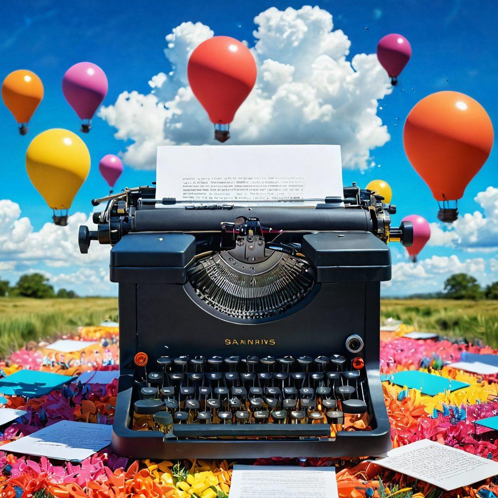 A whimsical landscape featuring a colorful, oversized typewriter surrounded by floating digital pixels, bursting with vibrant creative elements like paint splashes, light bulbs, and quills. A diverse group of joyful bloggers, each styled uniquely, engaging in creative discussions under a sunny sky dotted with imaginative clouds. The scene captures the essence of creativity and transformation in the digital age. super-realistic. vibrant colors. fantasy style.